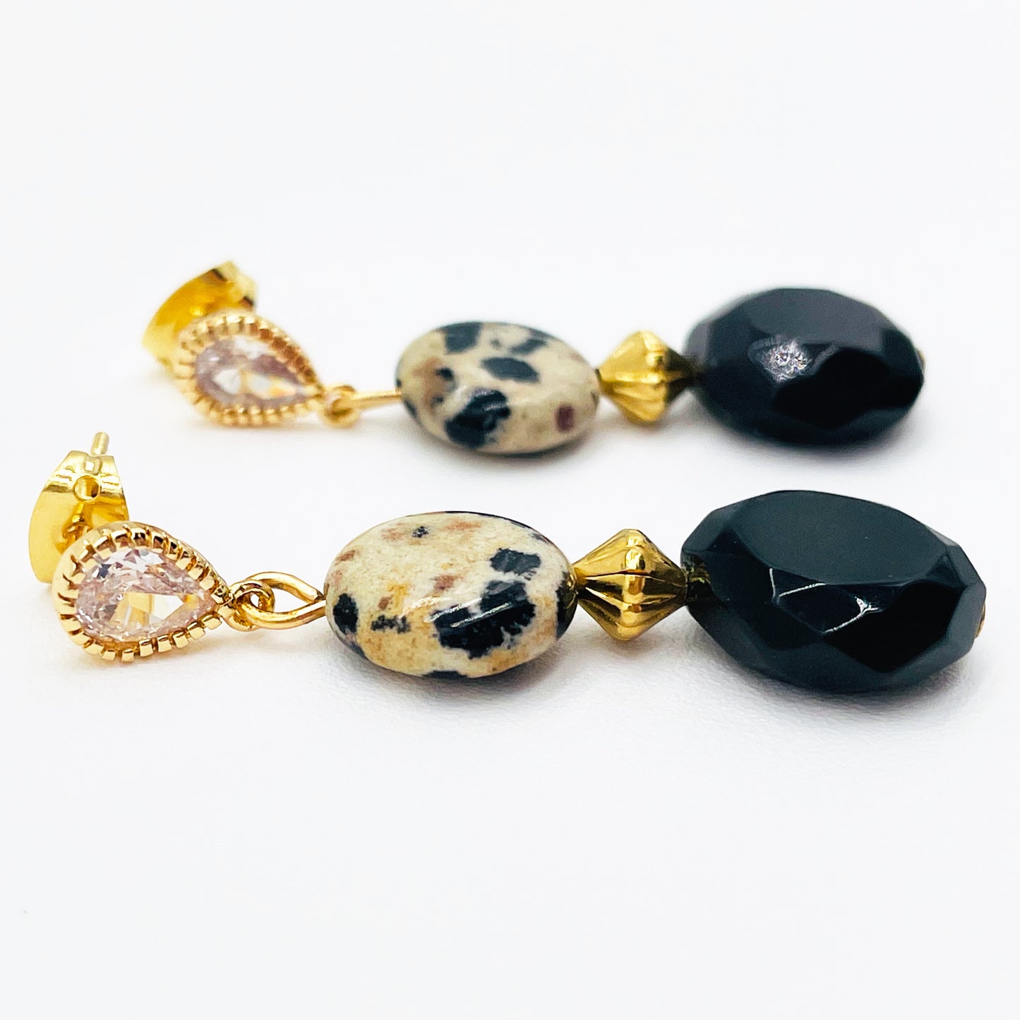 18K Cubic Zirconia, Dalmatian jasper and Obsidian post earrings