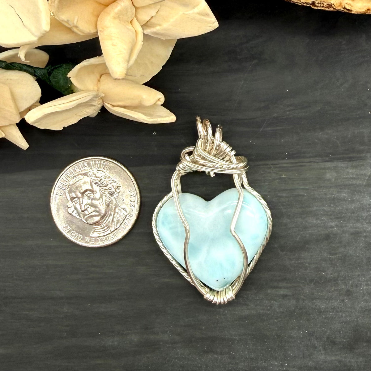 Larimar Heart Wire Wrapped Pendant Necklace