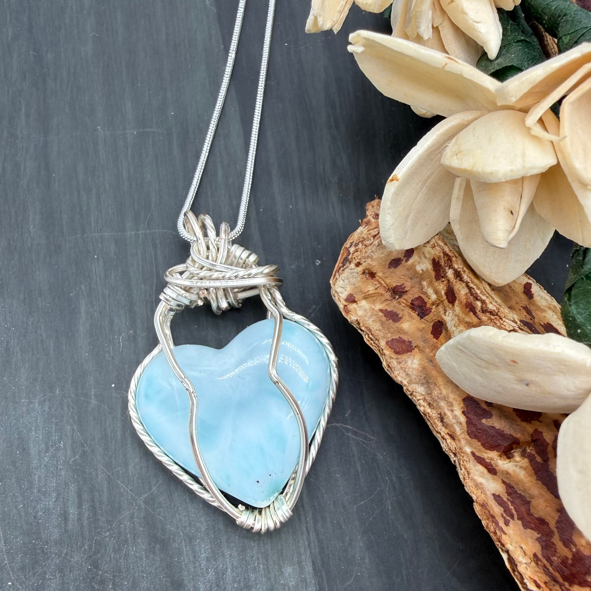 Larimar Heart Wire Wrapped Pendant Necklace