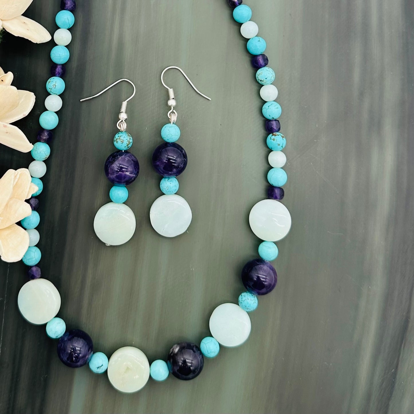 Colorful Amethyst, Amazonite and Howlite necklace and earring set : One-Of-A-Kind