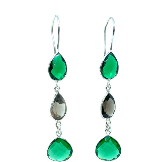 Faceted Emerald and smoky quartz dangle earrings