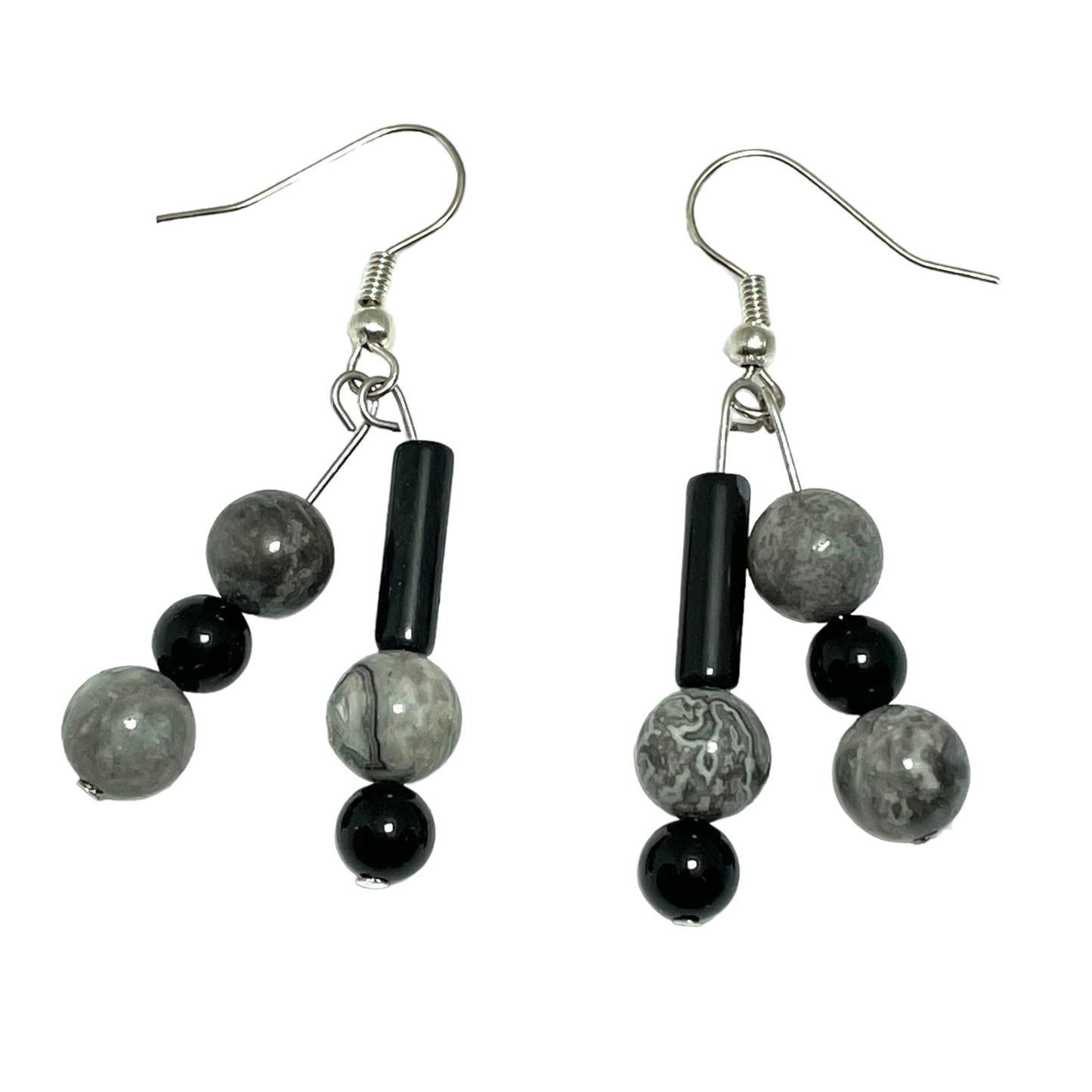 Silver Crazy Lace Agate and Black Onyx drop earrings
