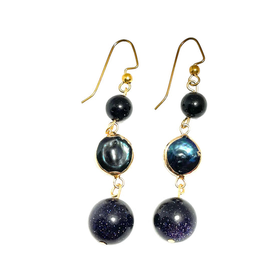 Peacock freshwater pearl coin wrapped in gold with purple goldstone beads earrings