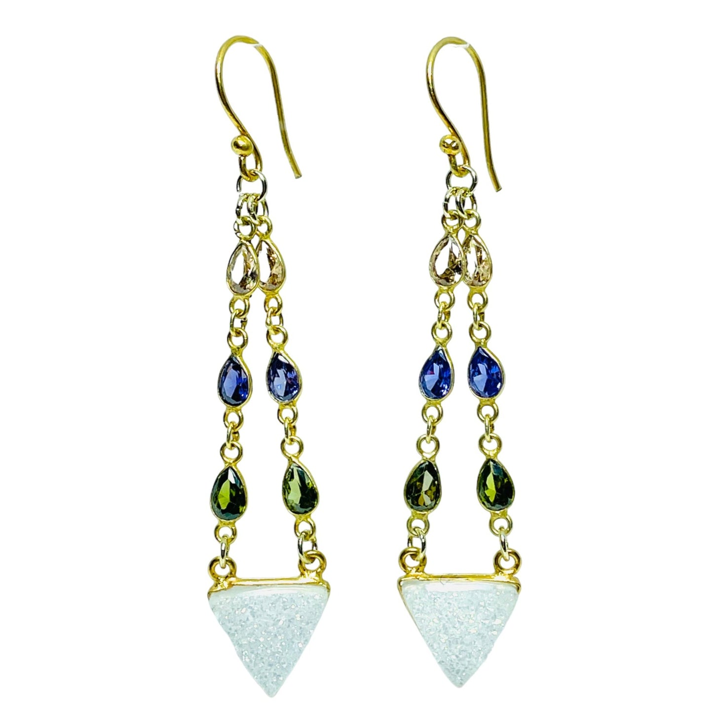 White druzy crystal triangles with faceted Peridot, Tanzanite  and Citrine gemstones