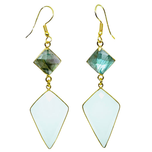 Faceted white chalcedony diamonds with labradorite squares