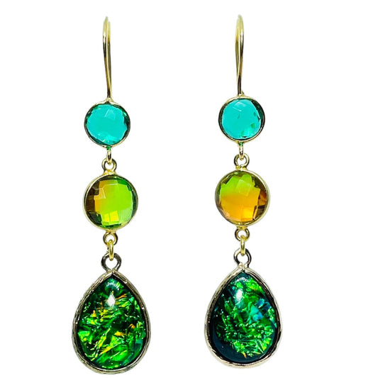 Tourmaline, fire opal glass and emerald quartz dangle earrings