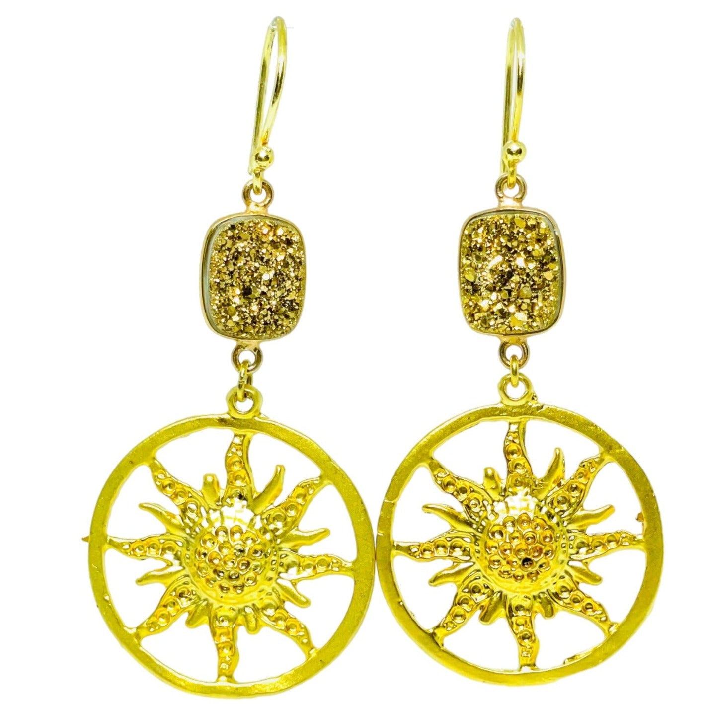 Golden druzy gemstone and Turkish golden sun charm earrings