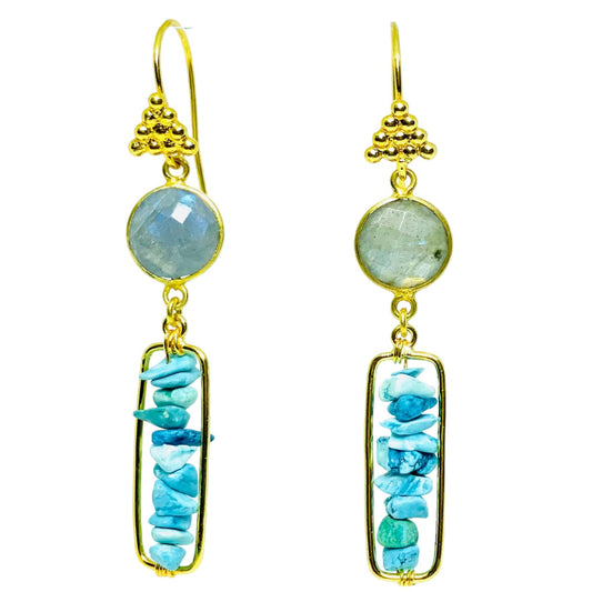 Natural Turquoise and Labradorite earrings on 24k plated hooks