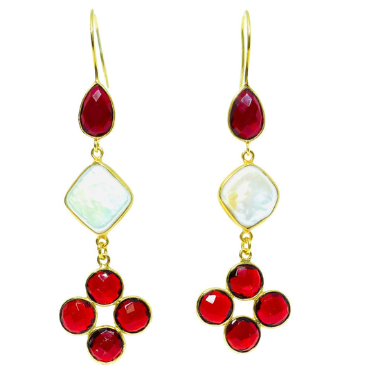 Garnet and pearl long dangle earrings