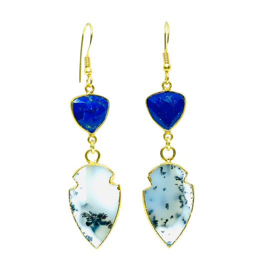 Polished Dendrite Opal arrowheads and Lapis Lazuli earrings