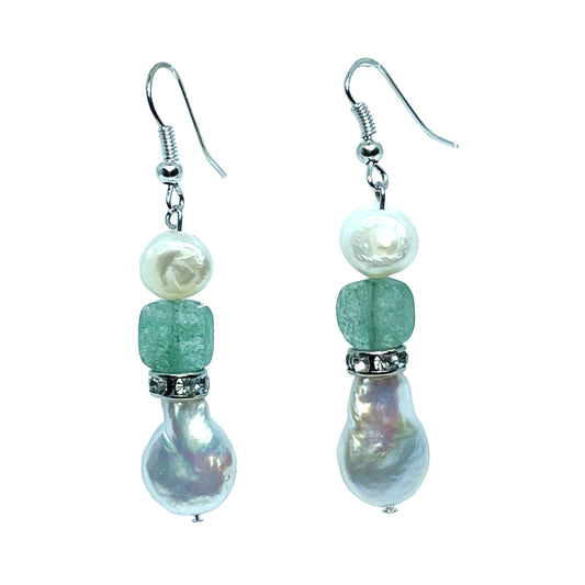 Freshwater pearl coin, green quartz and crystal earrings