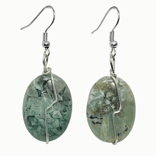 Natural Rainforest Jasper (Rhyolite) handmade drop earrings. Wire-wrapped in silver. Rare gemstones.