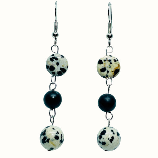 Dalmatian Jasper and Black Onyx dangle earrings