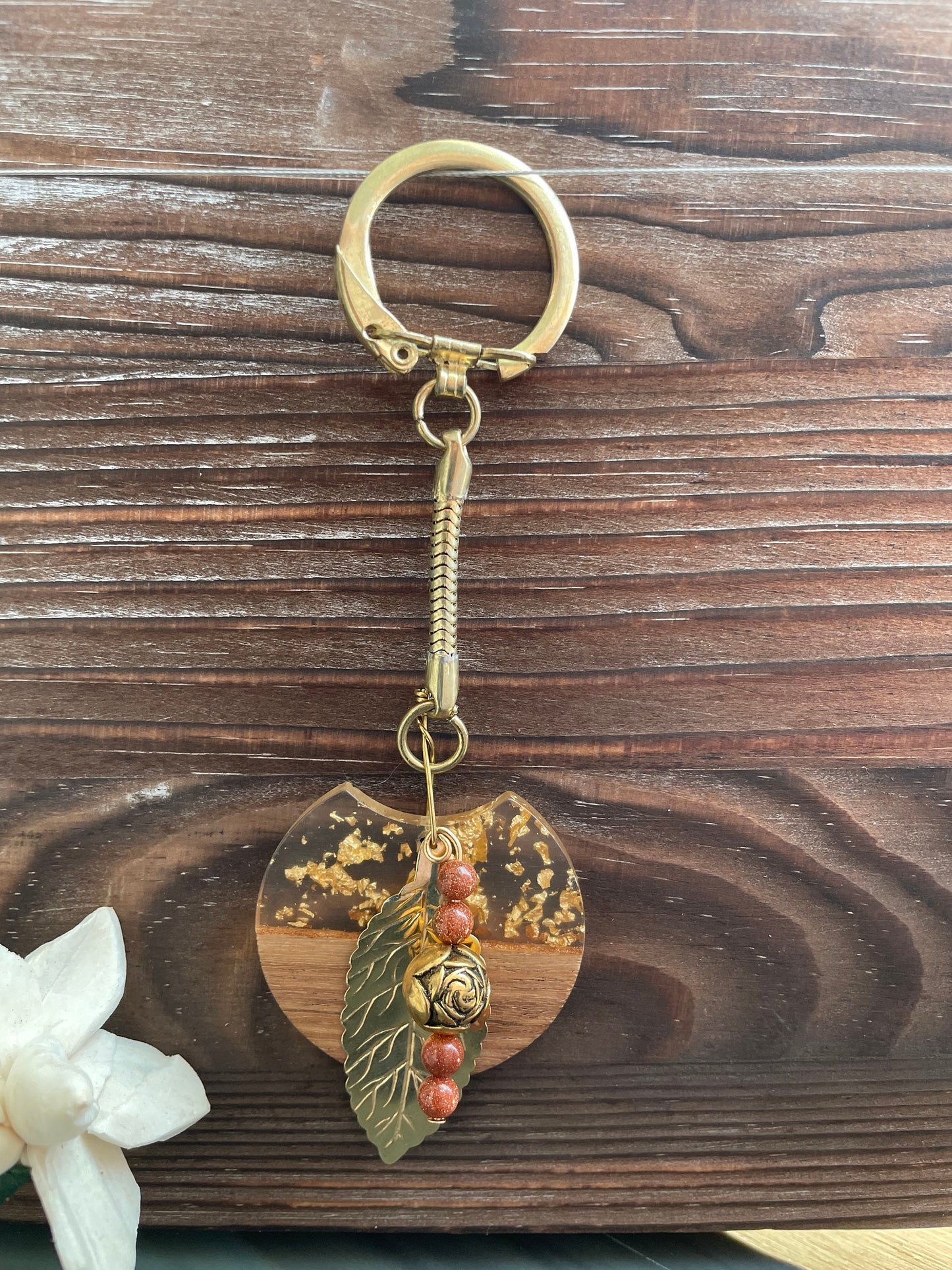 Key chains/ Beaded wood and gold beaded key chain with spring keyring