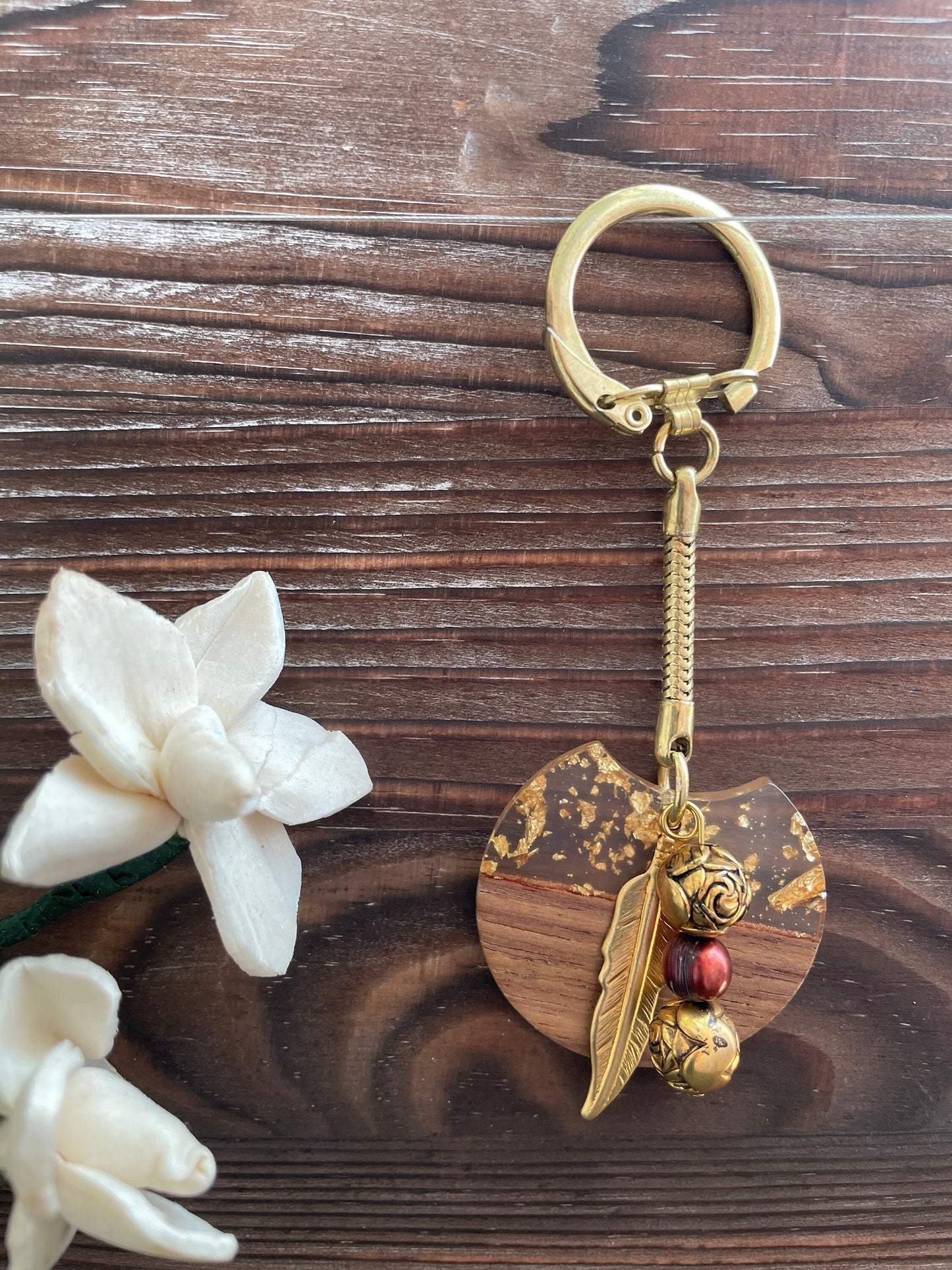 Key chains/ Beaded wood and gold beaded key chain with spring keyring