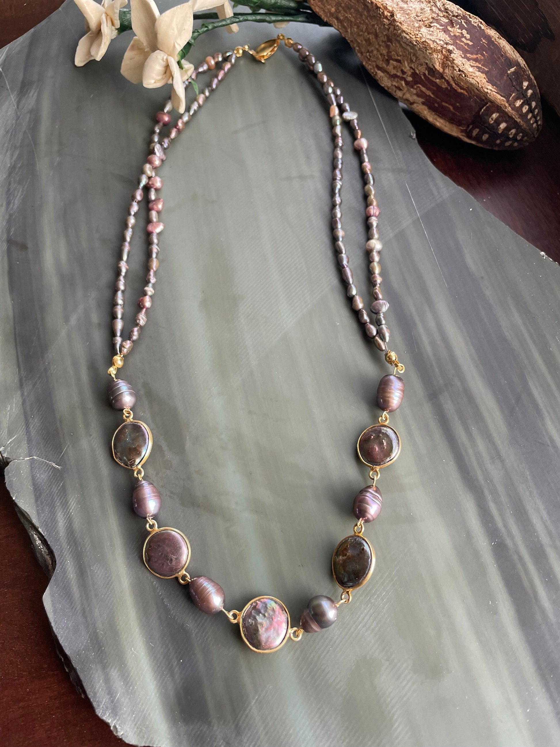 Freshwater pearl necklace, 2 strands with coin connector beads