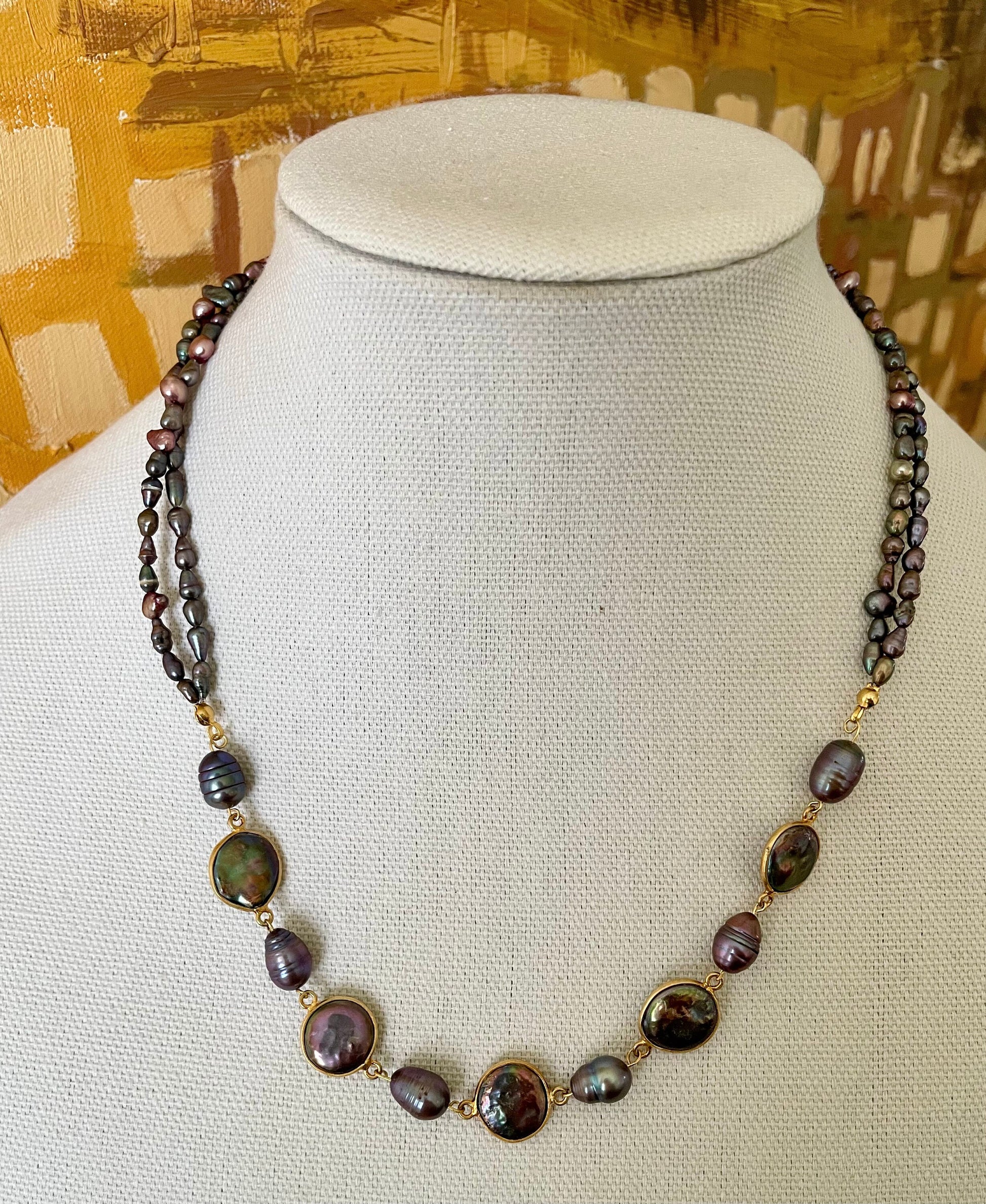 Freshwater pearl necklace, 2 strands with coin connector beads