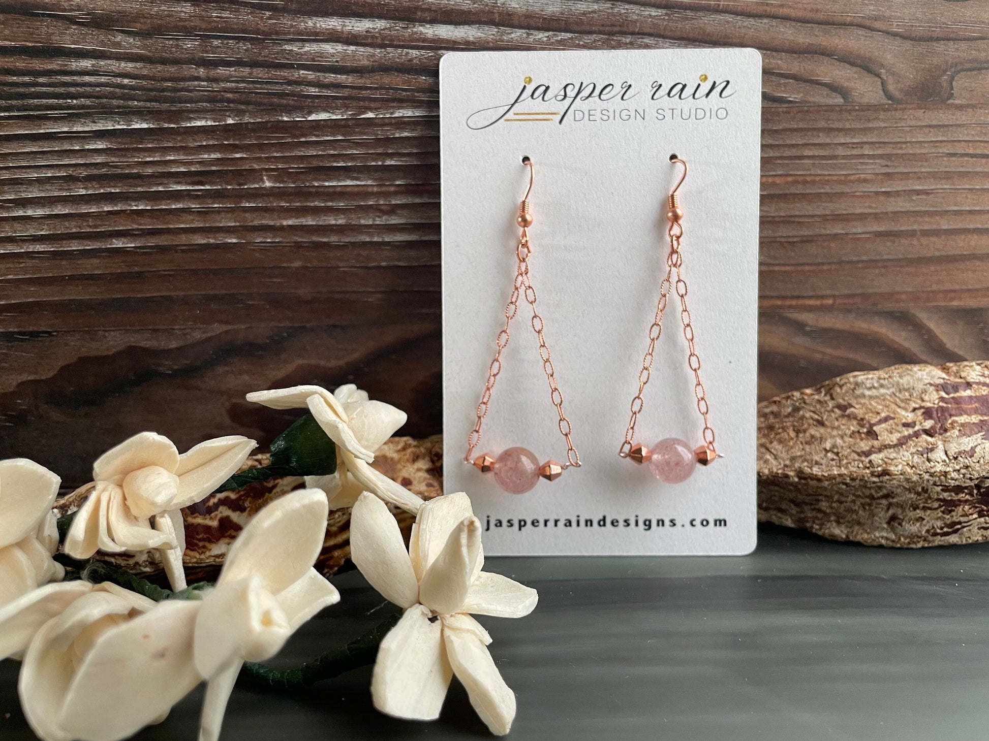 Rose gold and strawberry quartz chain dangle earrings