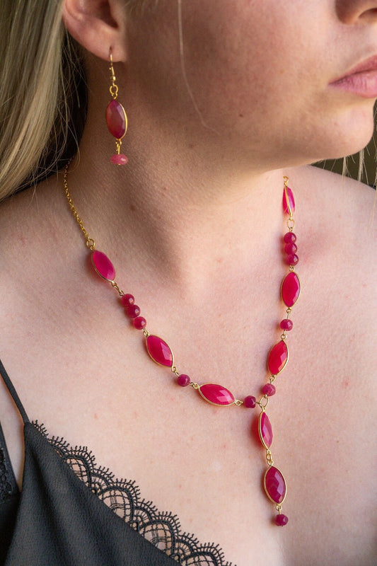 Hot Pink Chalcedony pendant necklace and earrings: 1-of-a-kind set