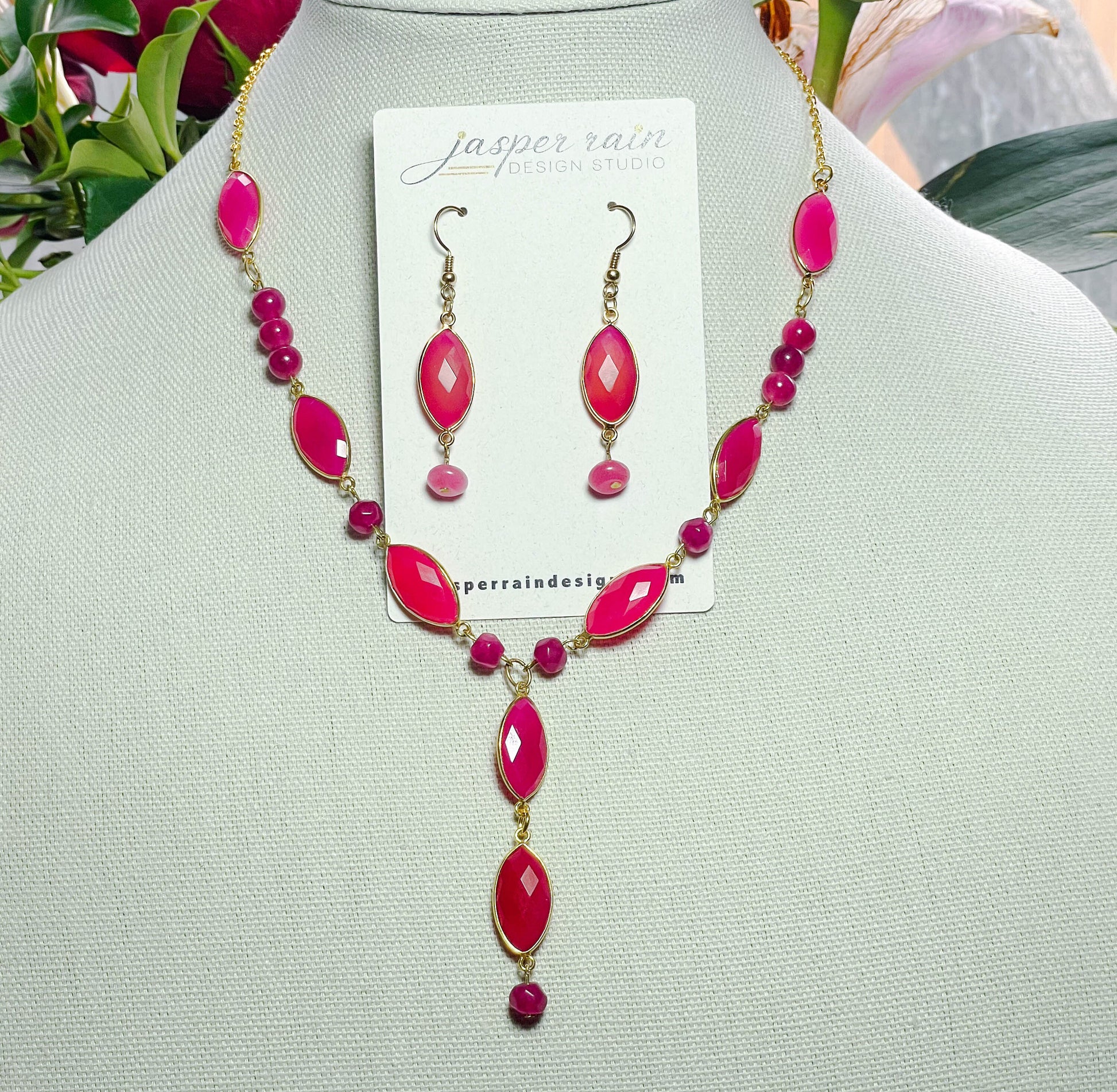 Hot Pink Chalcedony pendant necklace and earrings: 1-of-a-kind set