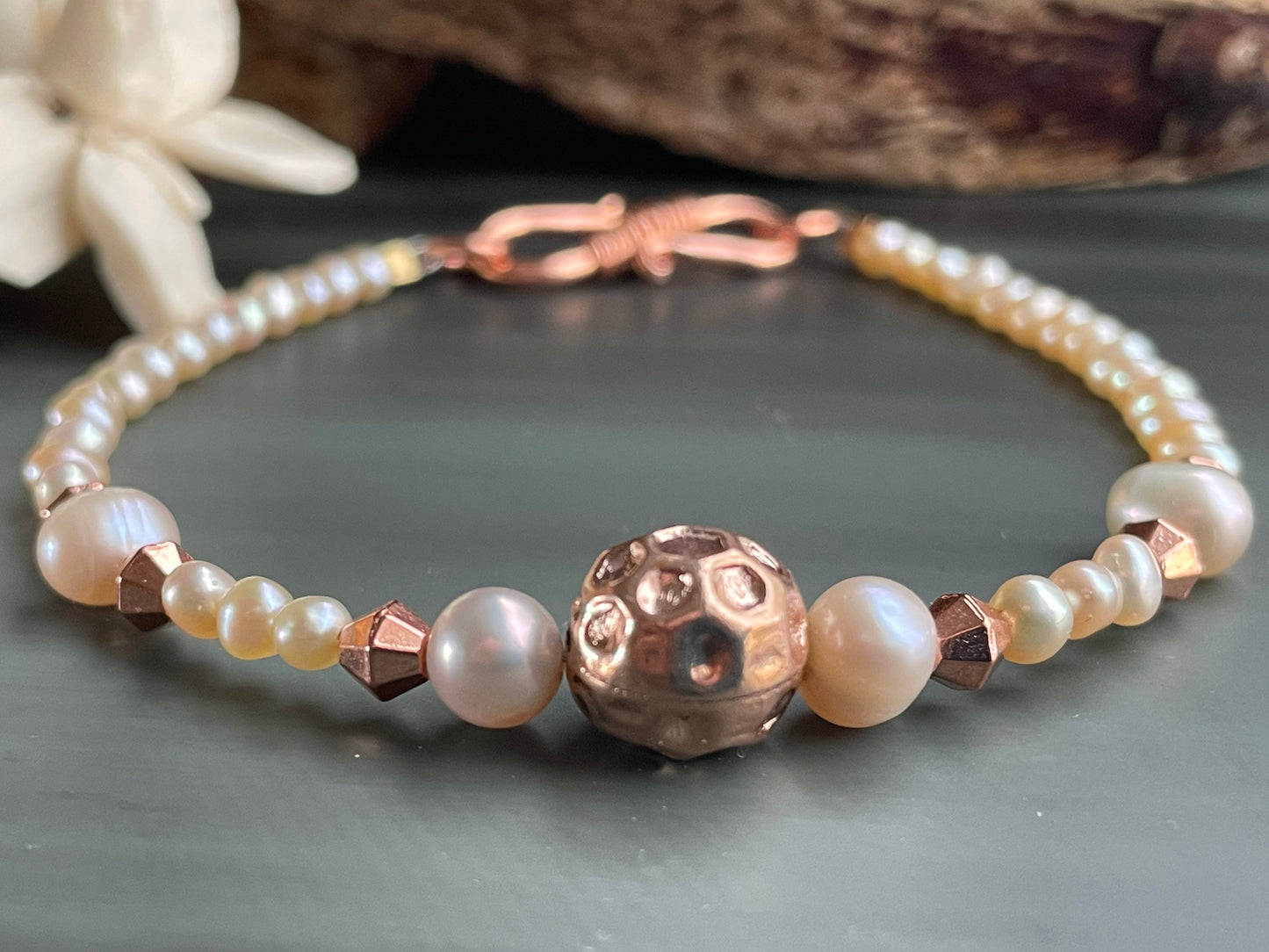 Natural light pink fresh water pearl and Rose Gold bracelet