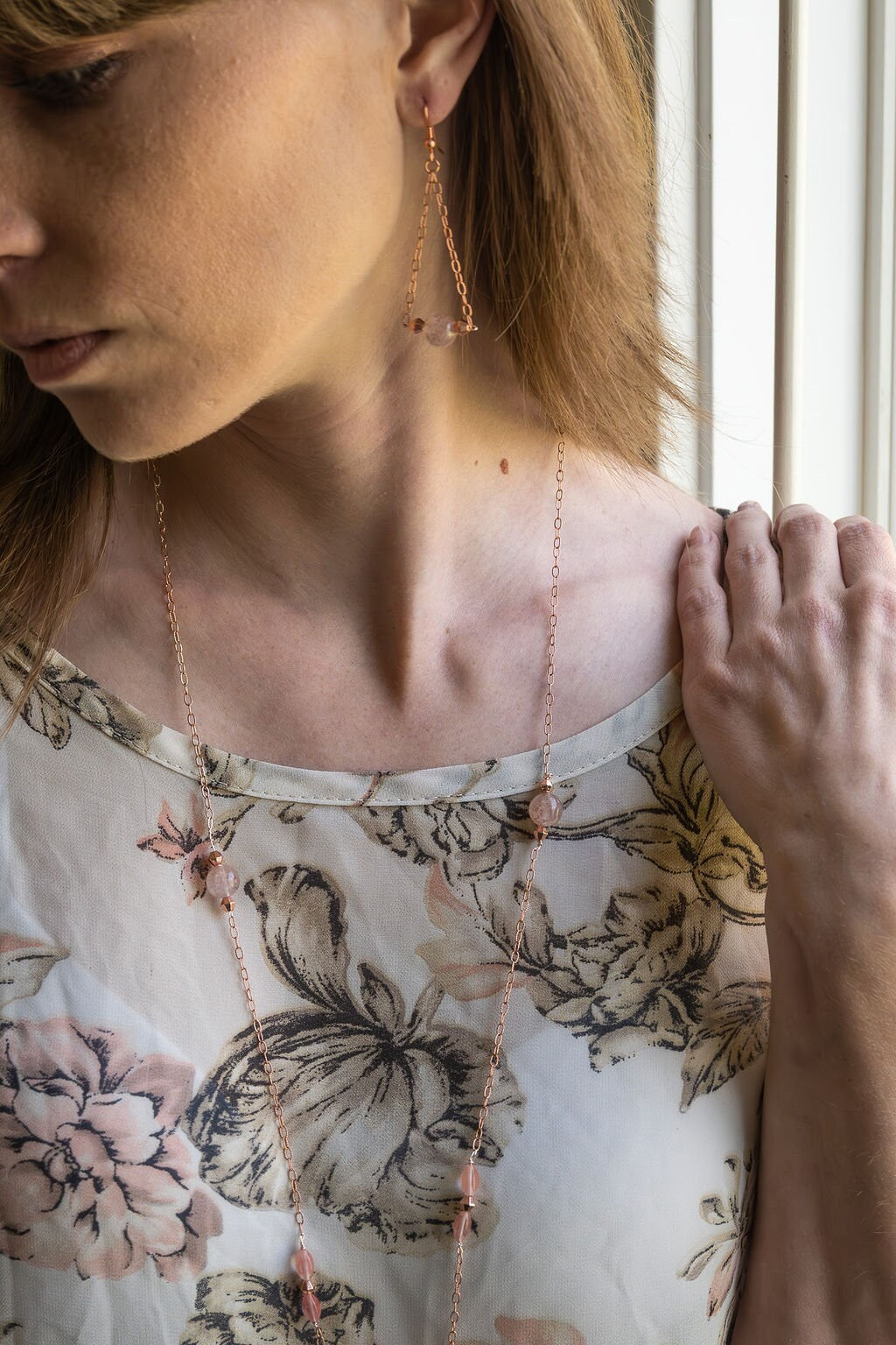 Rose gold and strawberry quartz chain dangle earrings