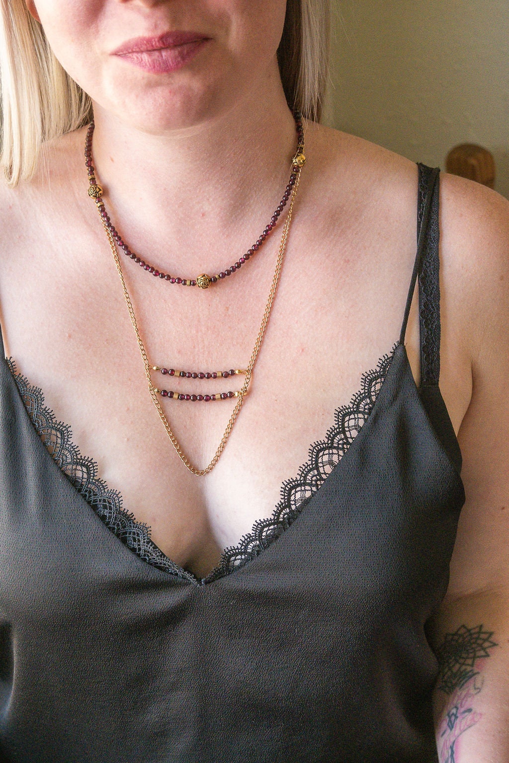 Long Garnet and gold-filled chain necklace, perfect alone or layered: handmade necklace