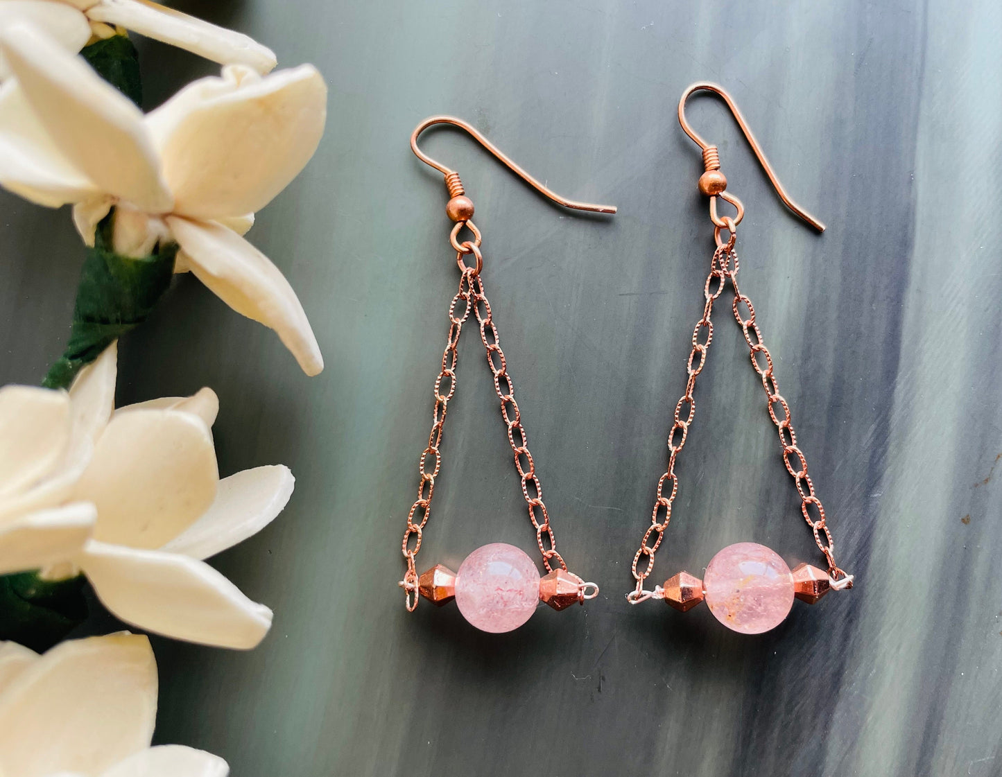 Rose gold and strawberry quartz chain dangle earrings