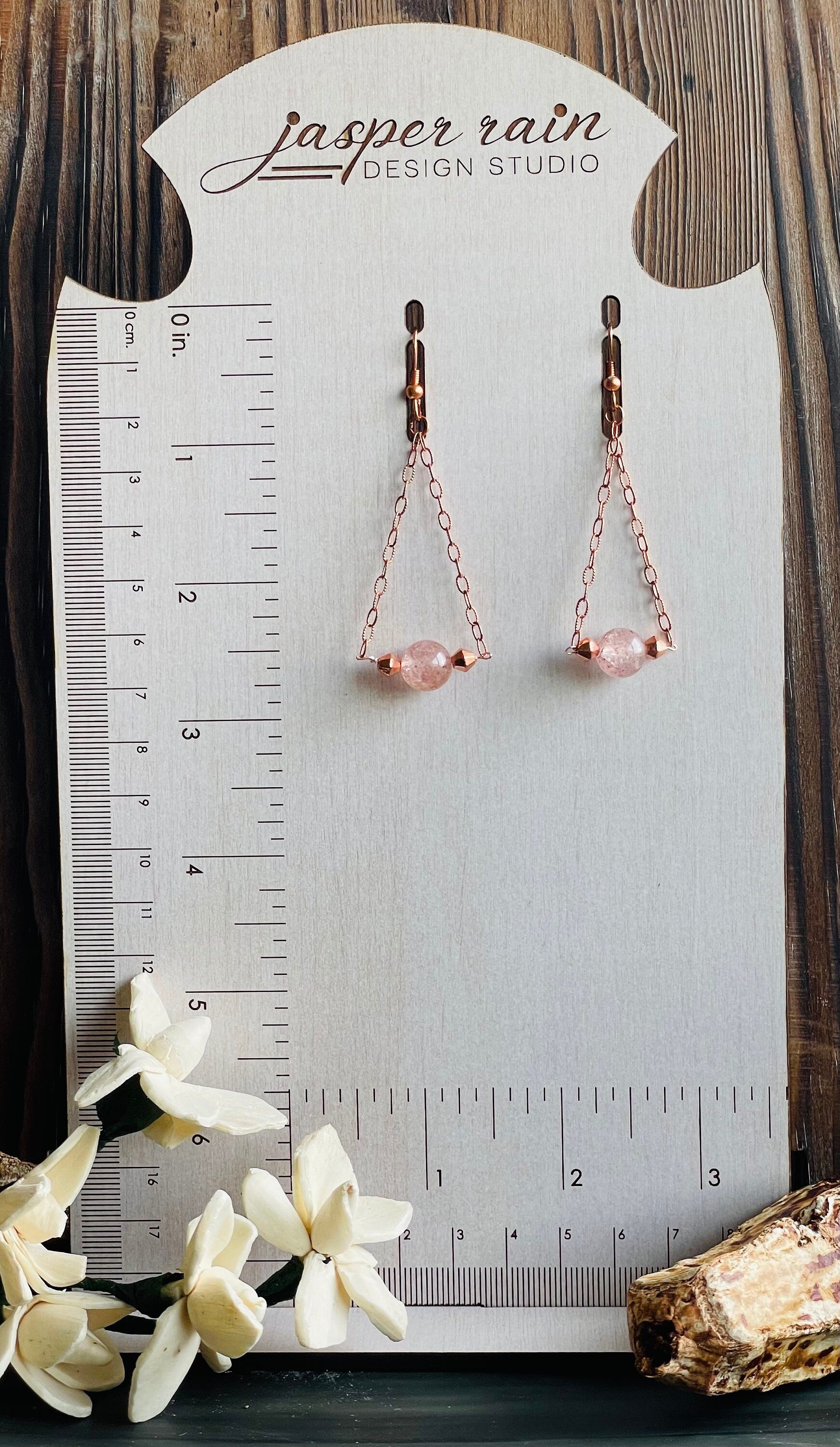 Rose gold and strawberry quartz chain dangle earrings