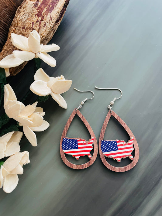 American pride earrings, wood beads with stainless steel earring wires