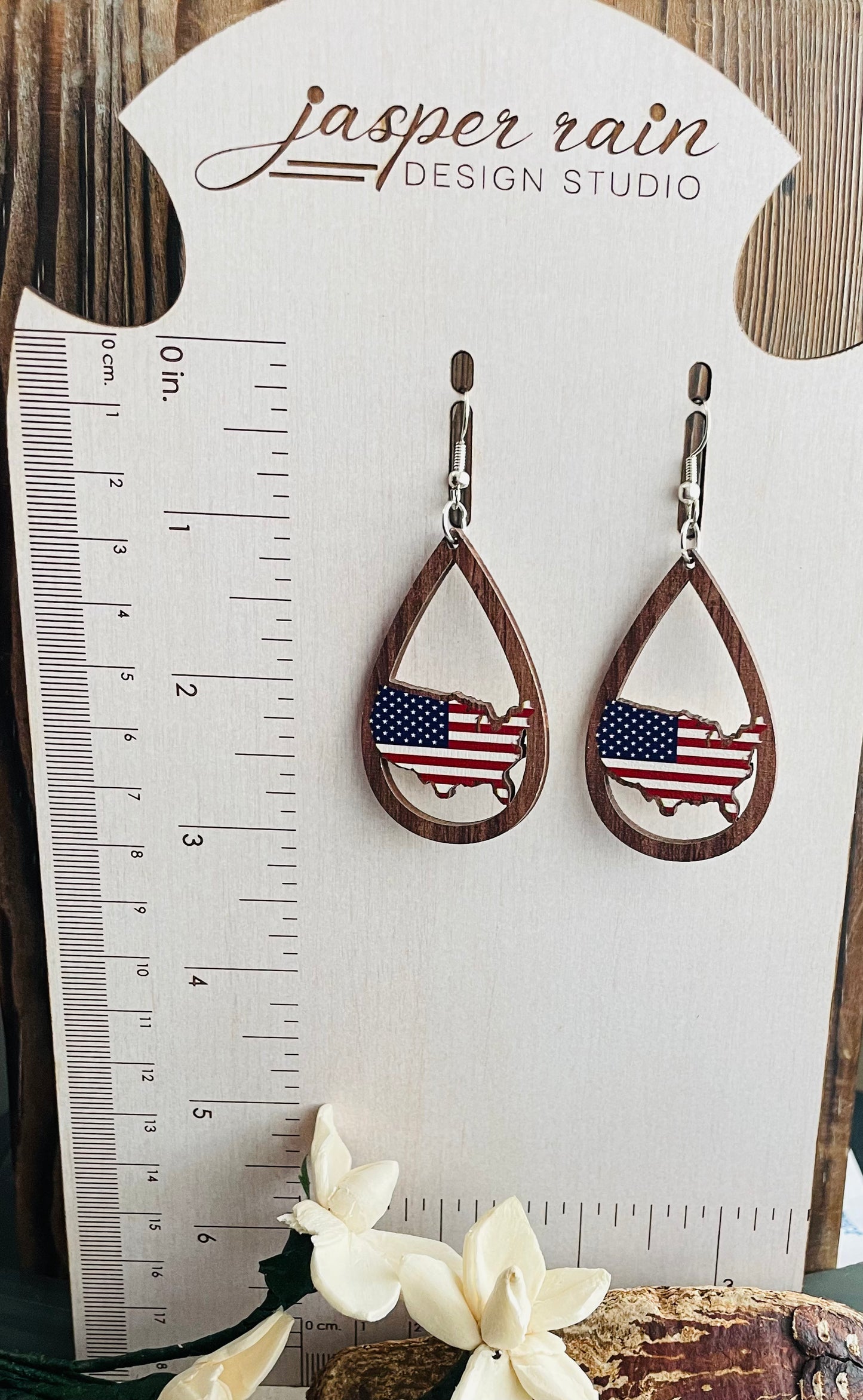 American pride earrings, wood beads with stainless steel earring wires