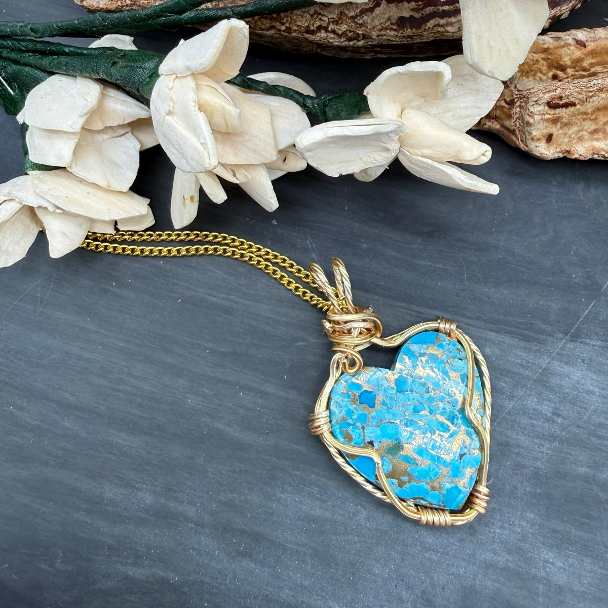 Copper Turquoise Heart Necklace – Gold Wire Wrapped Gemstone Pendant