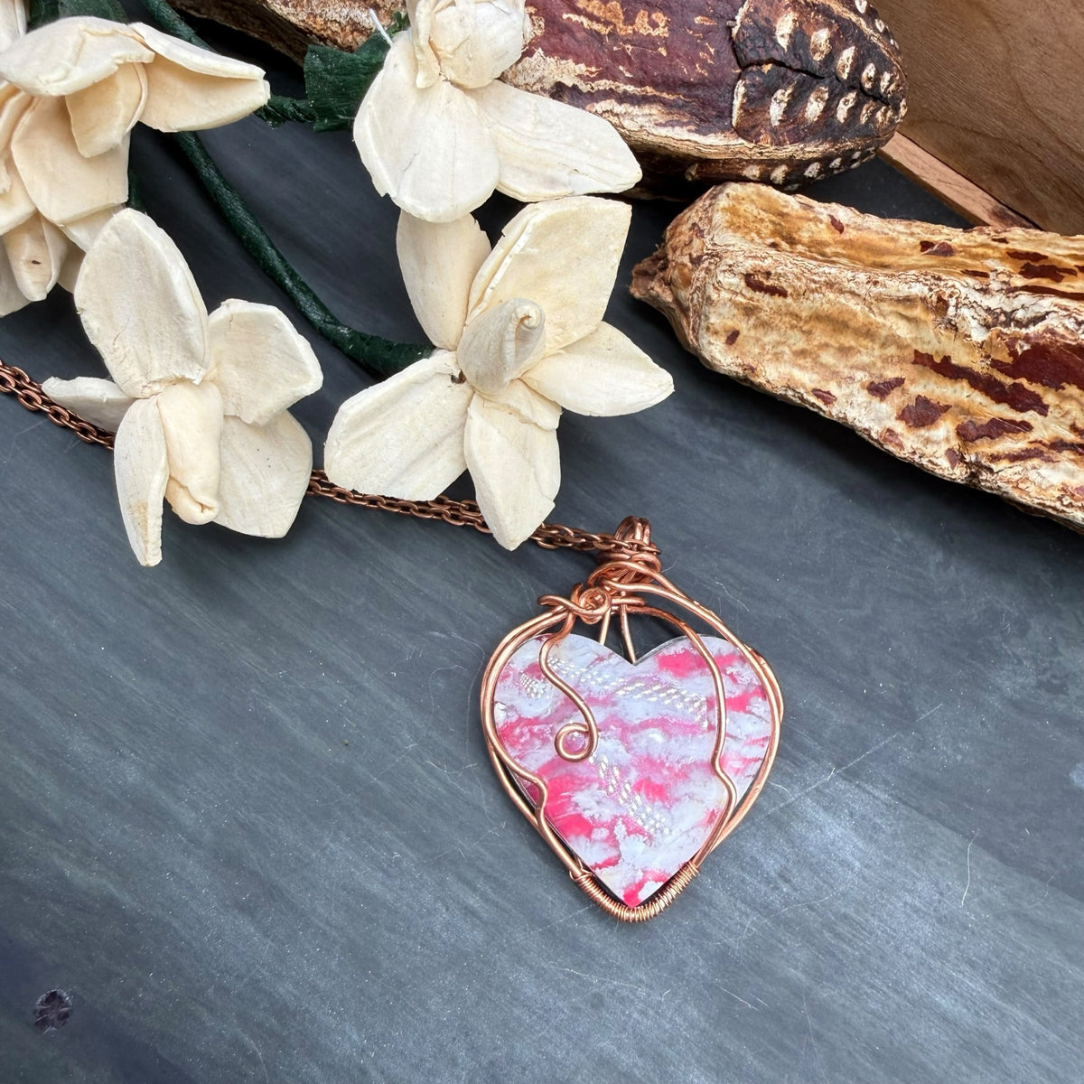 Plume Agate Heart- wire wrapped pendant