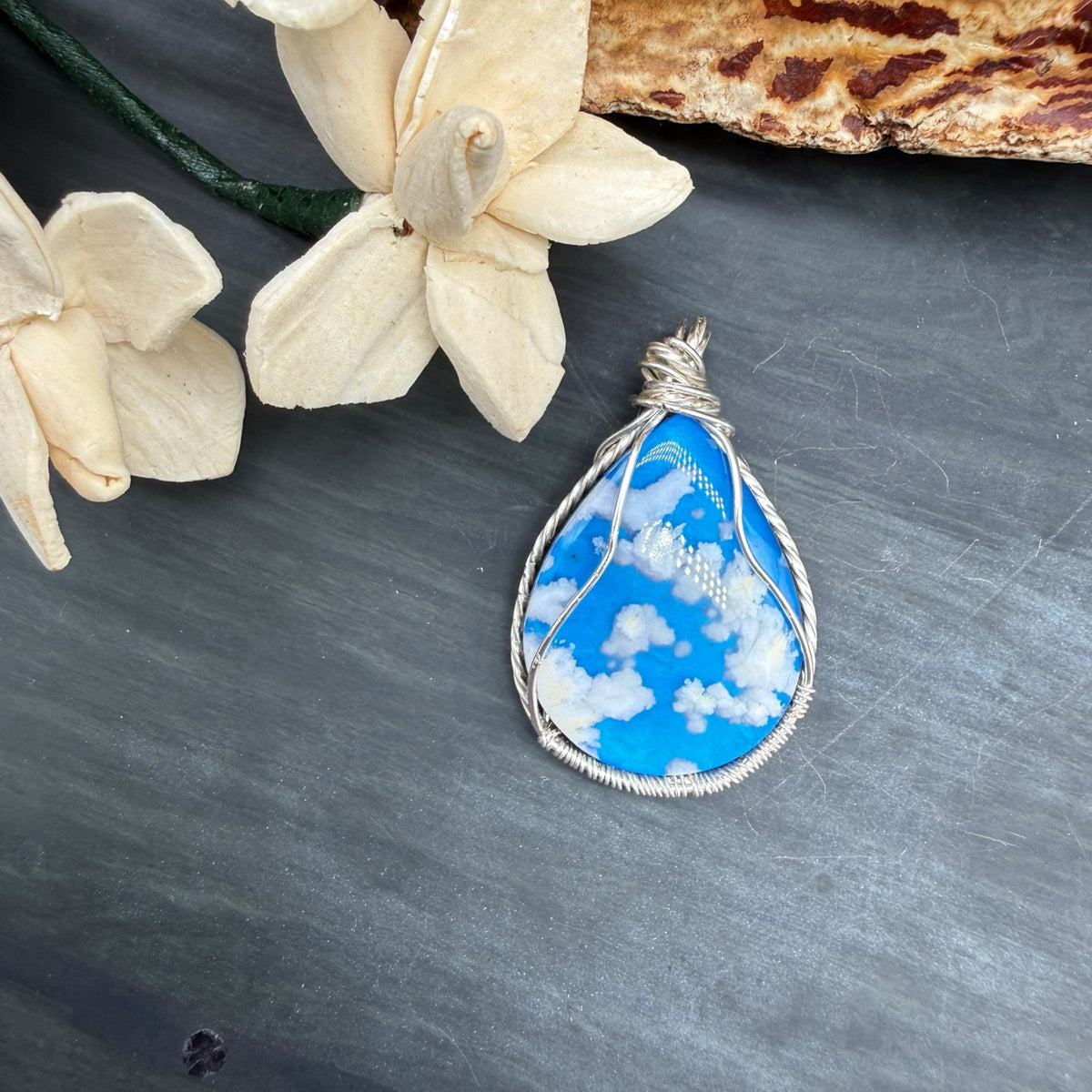 Blue Sky Plume Agate Pendant Necklace – Silver Wire Wrapped Gemstone Jewelry
