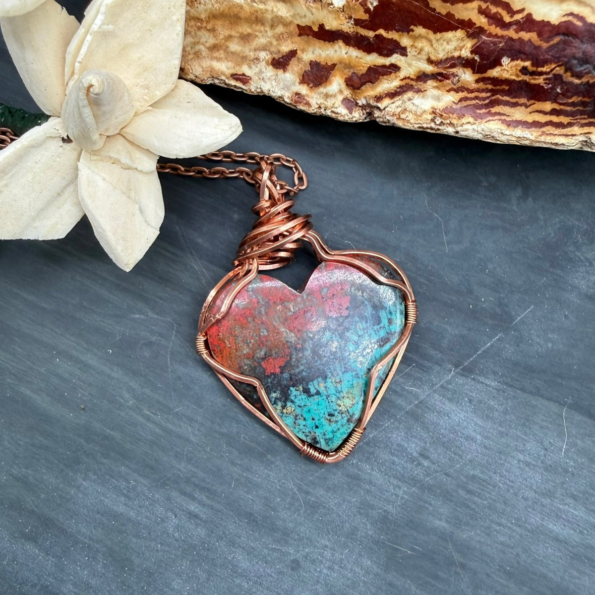 Sonora Sunset Heart Pendant – Copper Wire Wrapped Gemstone Necklace