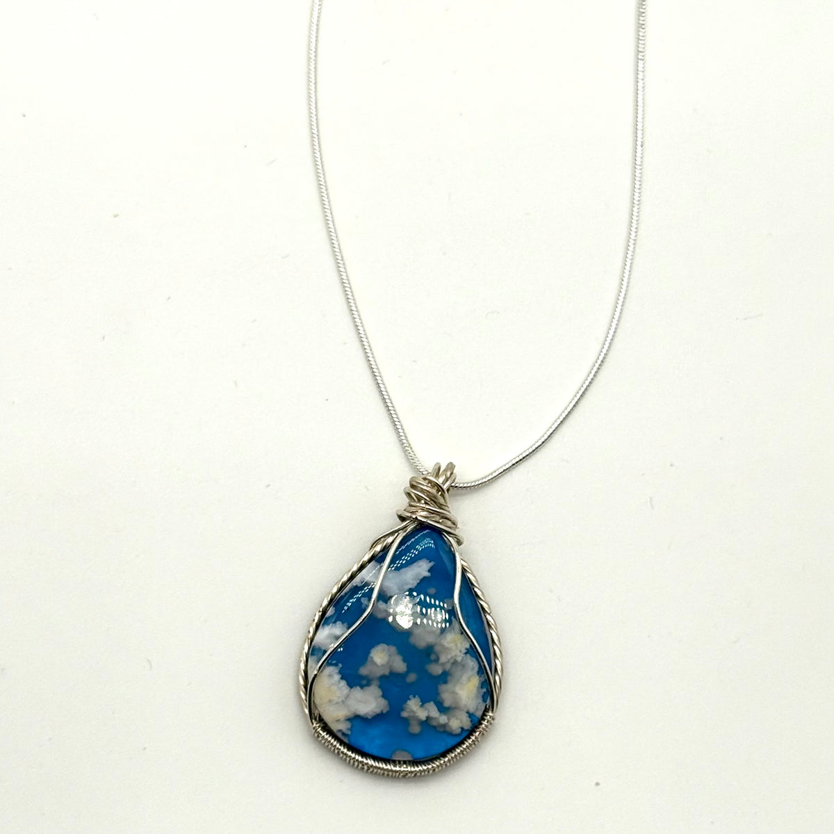 Blue Sky Plume Agate Pendant Necklace – Silver Wire Wrapped Gemstone Jewelry