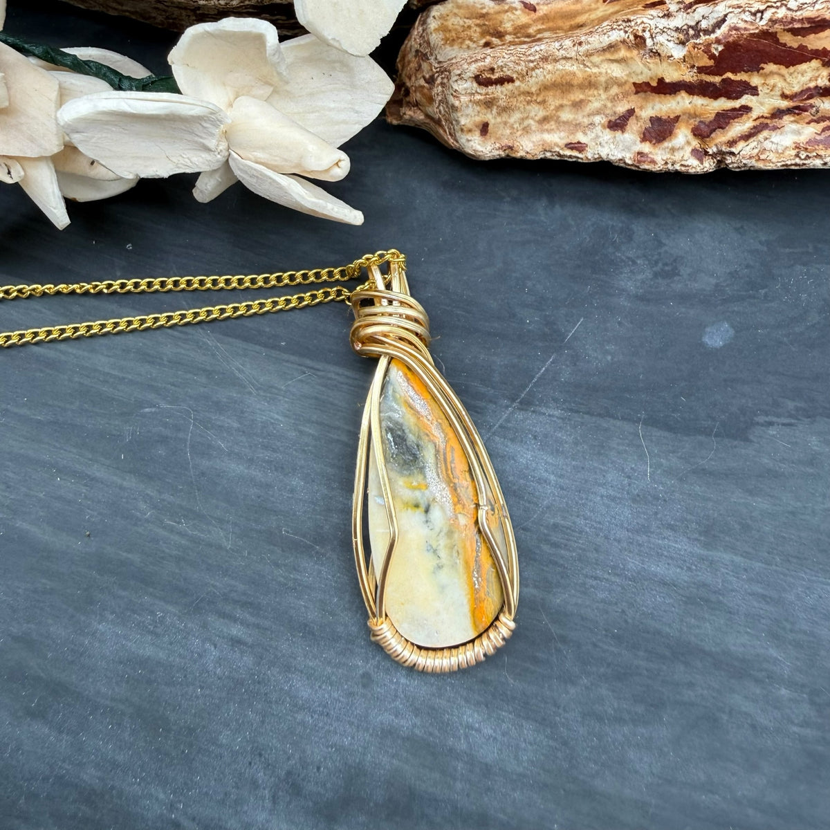 Bumble Bee Jasper Pendant – Gold Wire Wrapped Gemstone Necklace