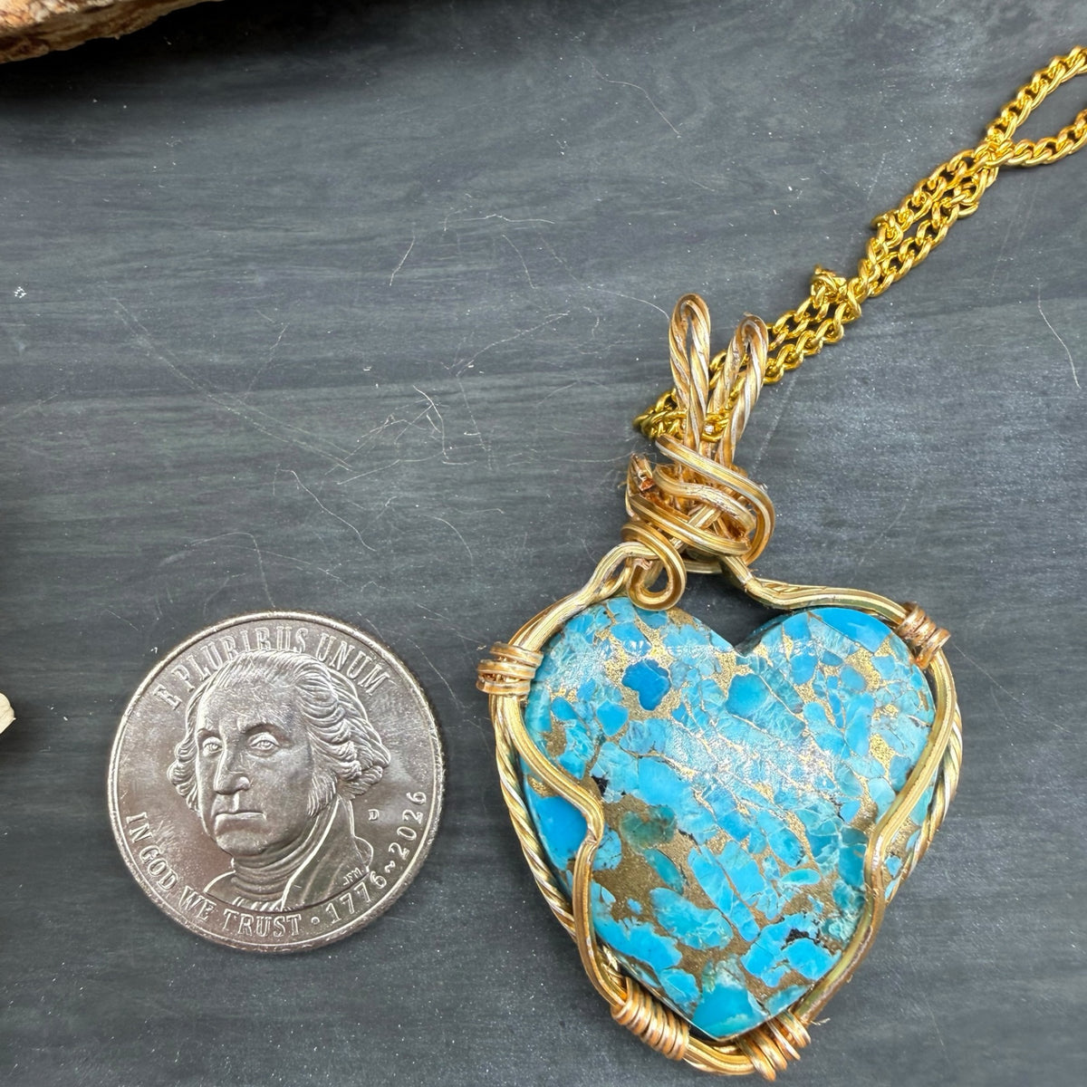 Copper Turquoise Heart Necklace – Gold Wire Wrapped Gemstone Pendant