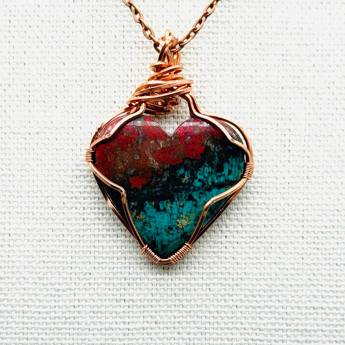 Sonora Sunset Heart Pendant – Copper Wire Wrapped Gemstone Necklace