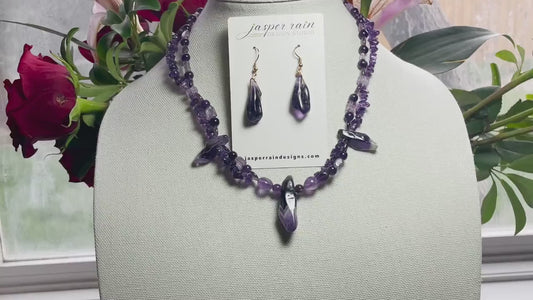 Natural Amethyst gemstone necklace and earrings set -ONE-OF-A-KIND