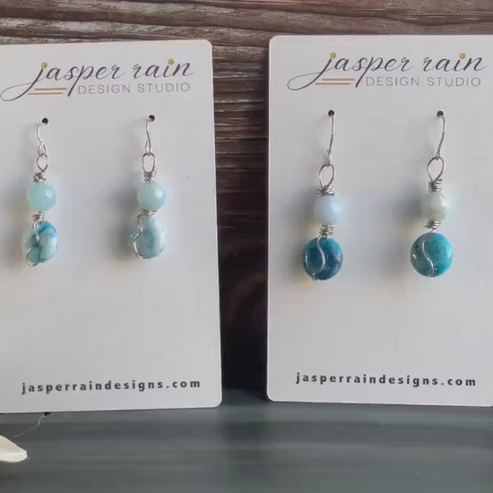 Handmade blue agate and dyed howlite earrings inspired by “winter blues in April”