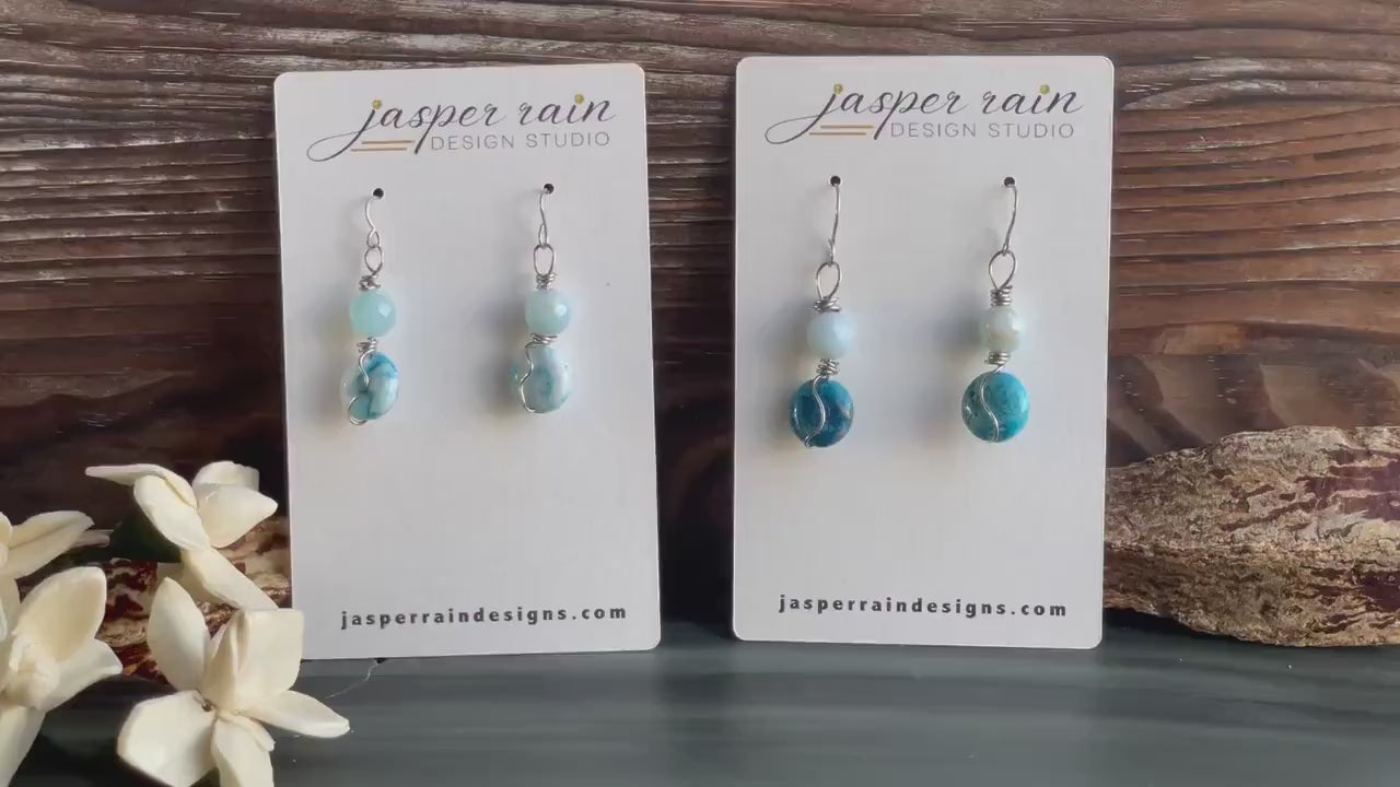 Handmade blue agate and dyed howlite earrings inspired by “winter blues in April”