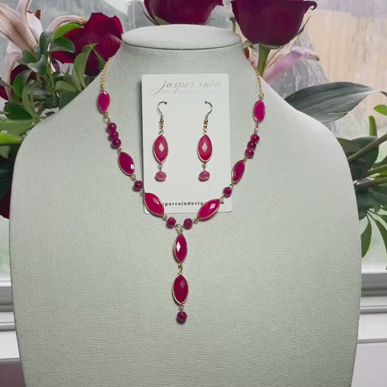 Hot Pink Chalcedony pendant necklace and earrings: 1-of-a-kind set