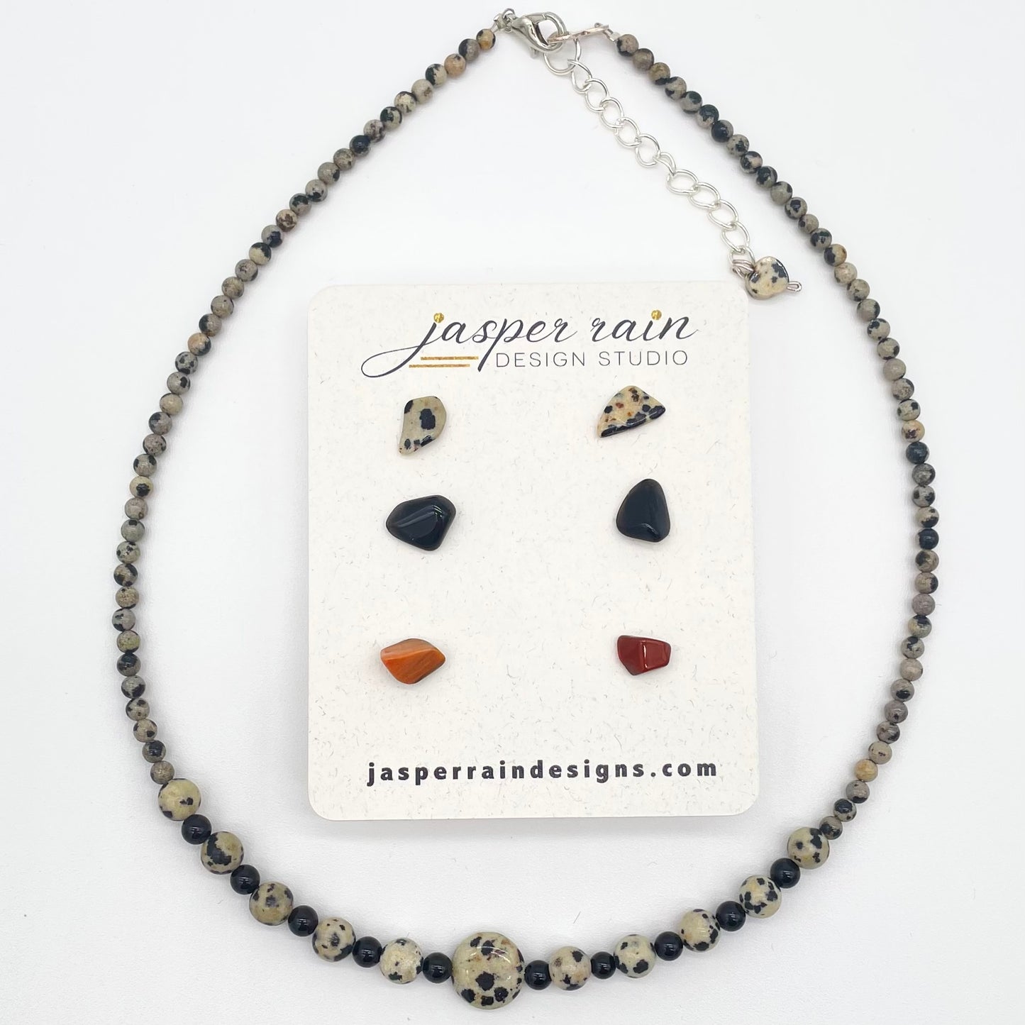 Dalmatian Jasper dainty necklace, handmade and adjustable