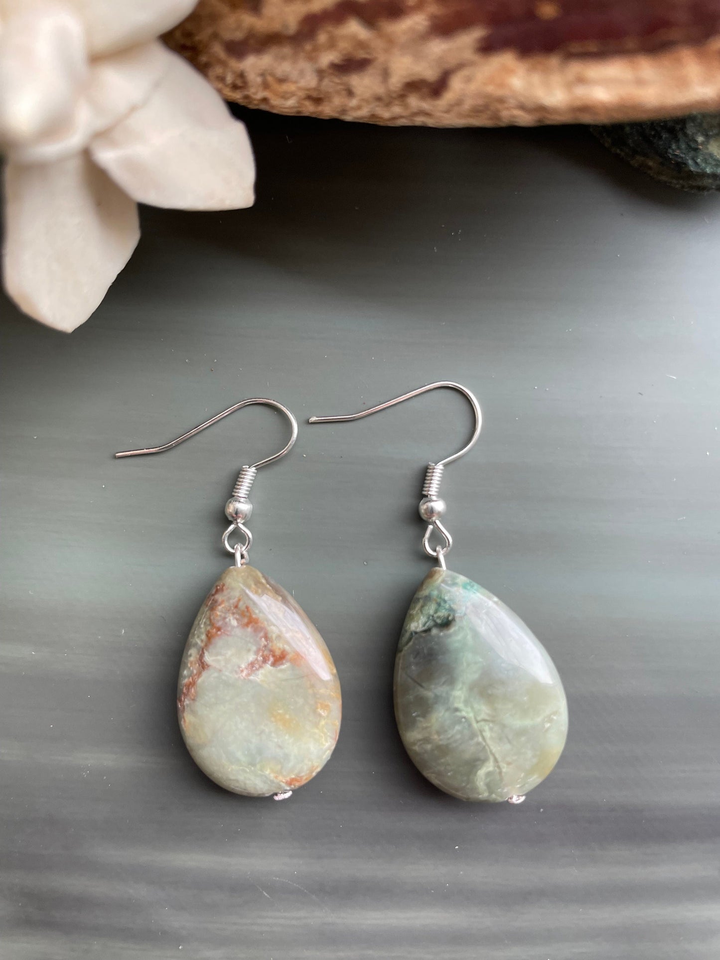Natural Rainforest Jasper (Rhyolite) teardrop earrings. Handmade drop earrings. Rare gemstones.