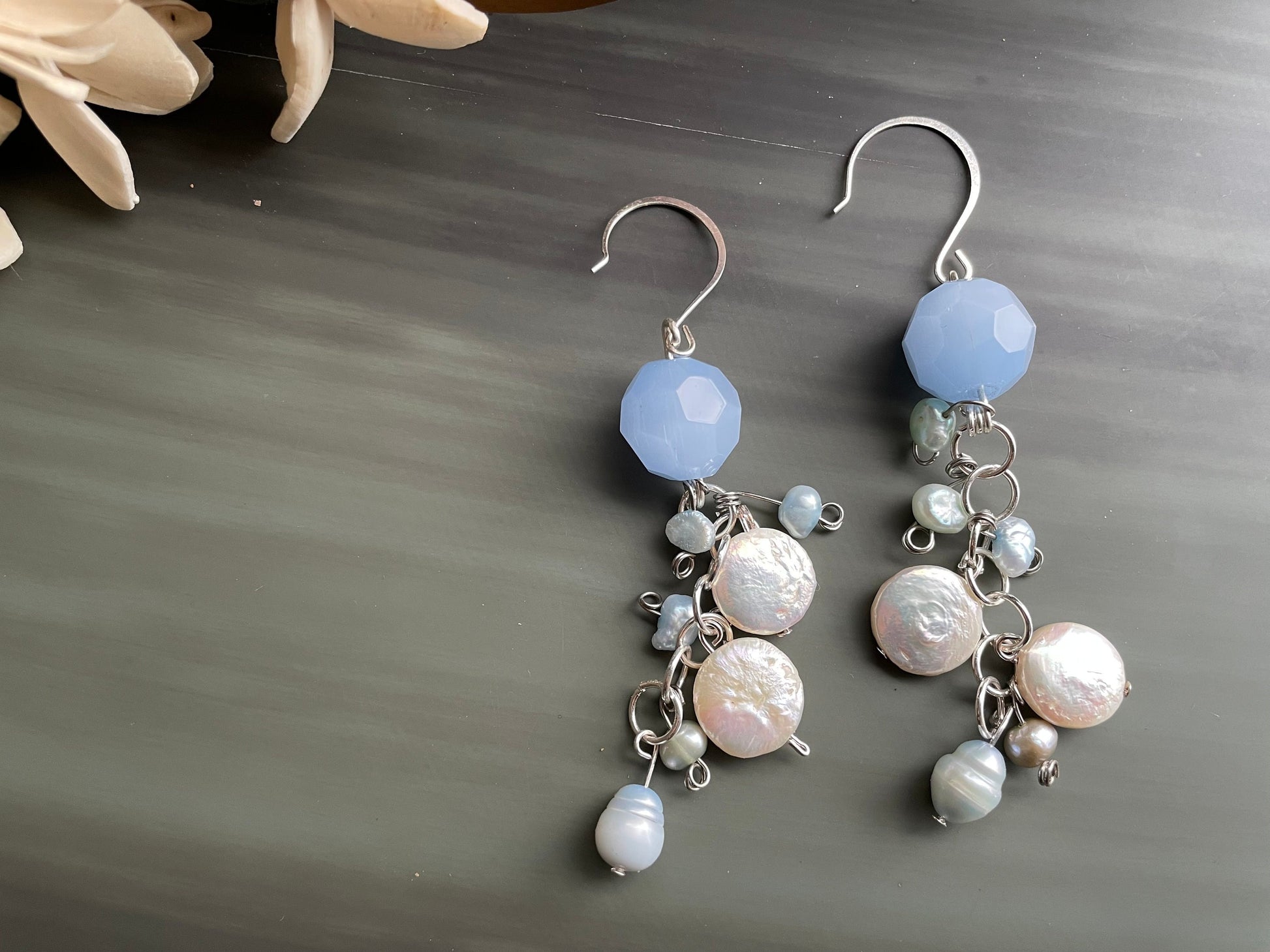 Blue Agate, Opalite gemstone, Mother of Pearl long dangle earrings / something blue Active