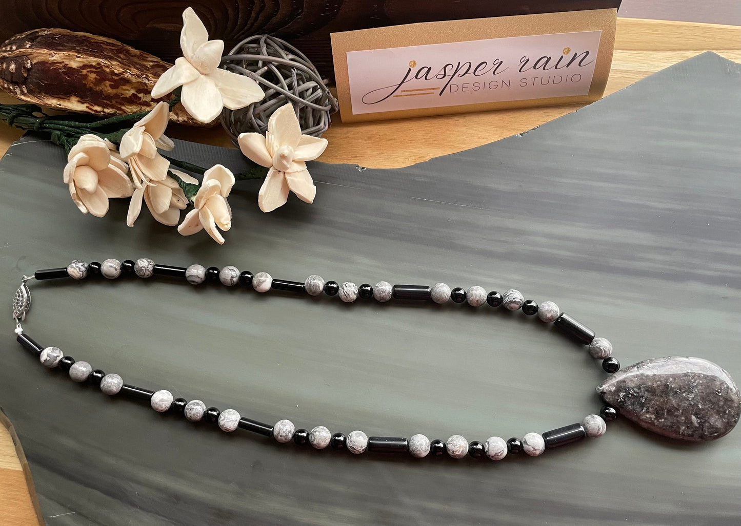 Black Labradorite/Larvikite pendant necklace with black onyx and silver crazy lace agate: handmade