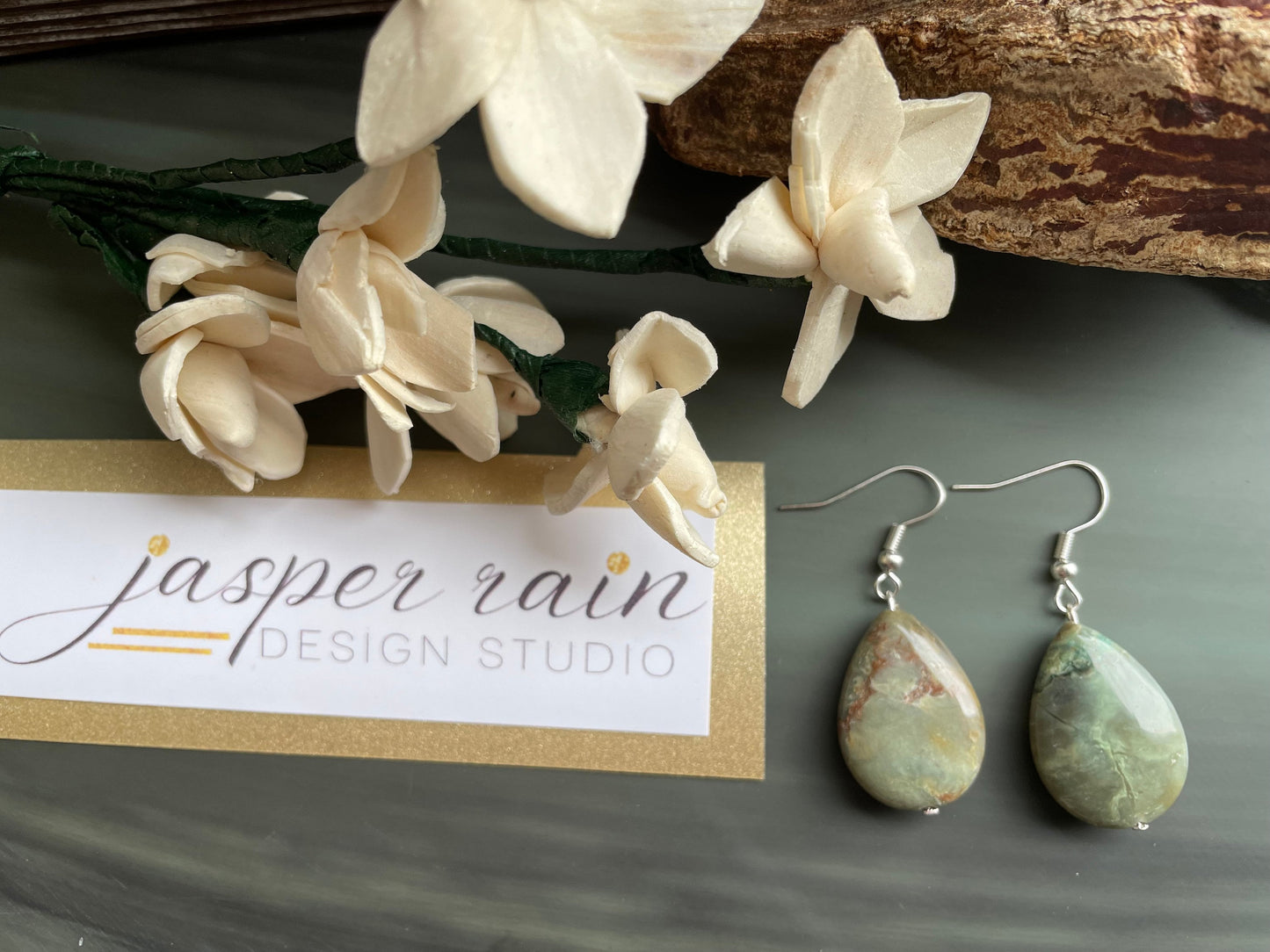 Natural Rainforest Jasper (Rhyolite) teardrop earrings. Handmade drop earrings. Rare gemstones.