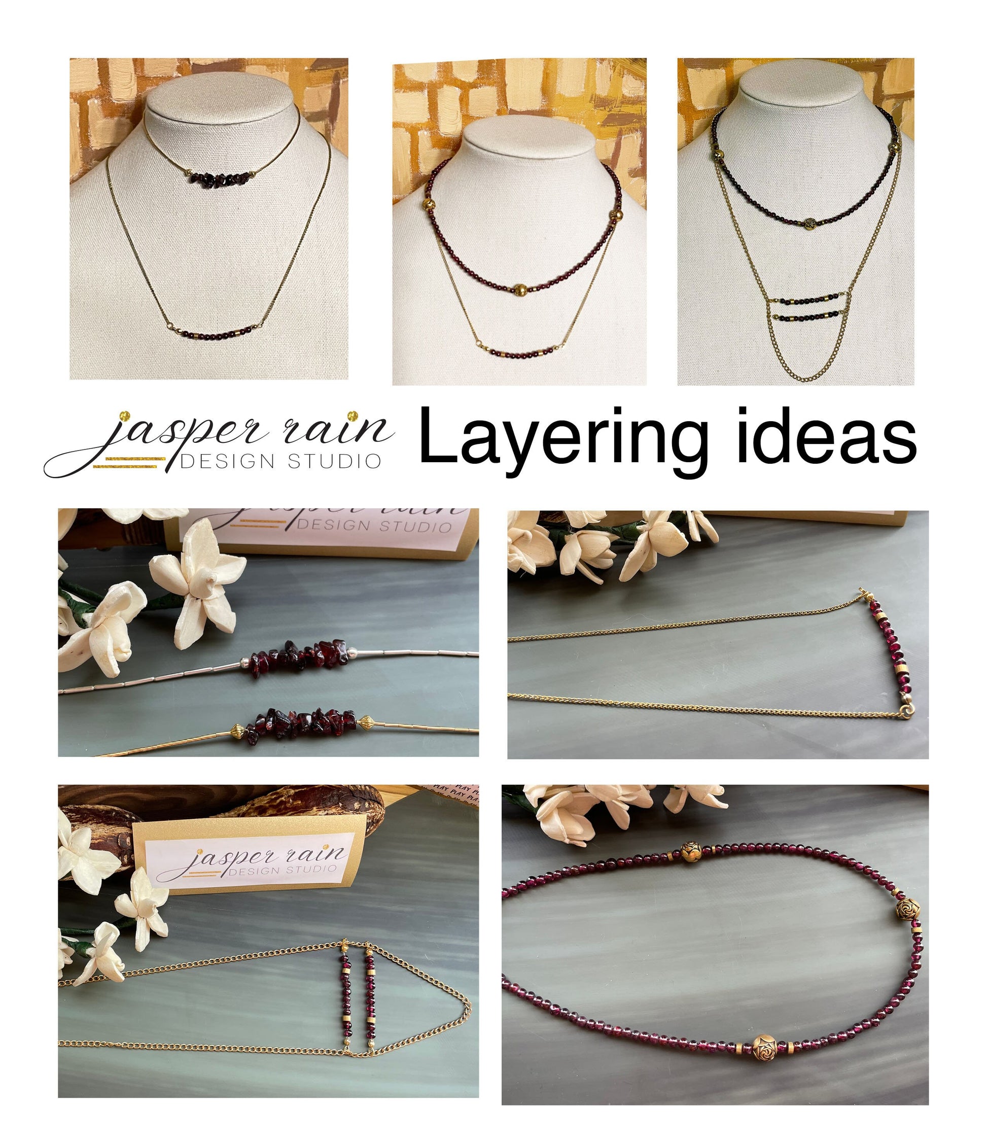 Garnet and gold or silver collarbone-length necklaces. Simple & Elegant