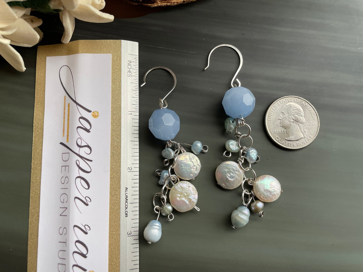 Blue Agate, Opalite gemstone, Mother of Pearl long dangle earrings / something blue Active